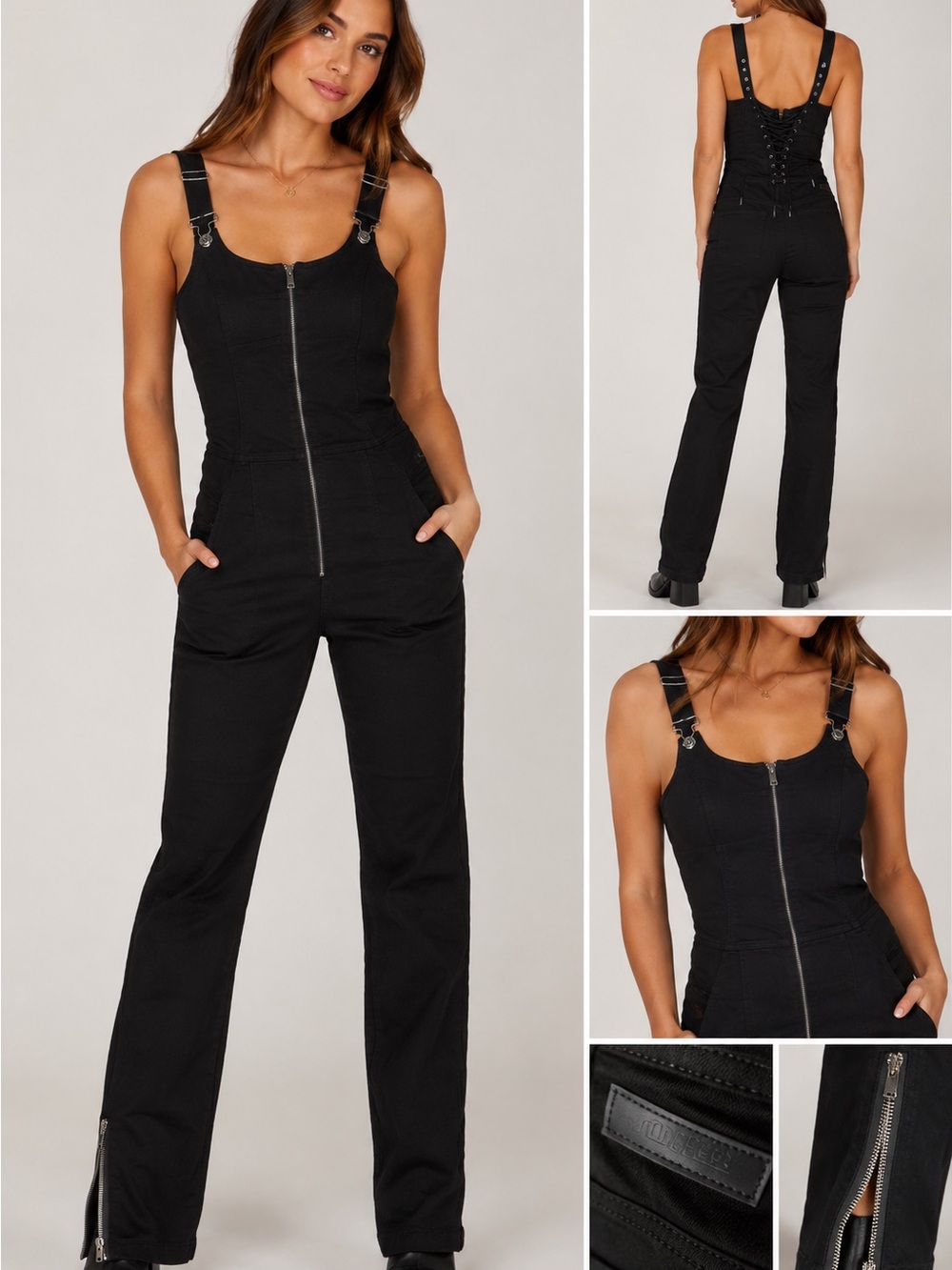Diesel Black Zip-Front Lace-Up Jumpsuit | Adjustable Straps |